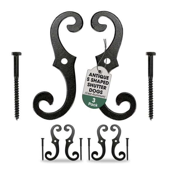 Renovators Supply Manufacturing Shutter Dogs 6.5"" Perros De Persiana En Forma De S De Aluminio Fundido Negro Con Accesorios De Montaje, Paquete De 3