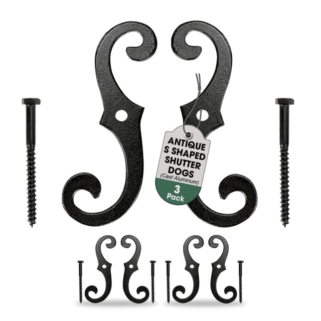 Renovators Supply Manufacturing Shutter Dogs 6.5"" Perros De Persiana En Forma De S De Aluminio Fundido Negro Con Accesorios De Montaje, Paquete De 3