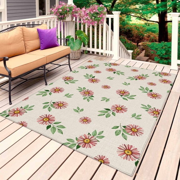 Country Flower Outdoor Rug for Patio/Deck/Porch, Non-Slip Large Area Rug 6 x 9 Ft, Pink Daisy Floral Retro Plant Leaf Indoor Outdoor Rugs Washable Area Rugs, Reversible Camping Rug Carpet Runner