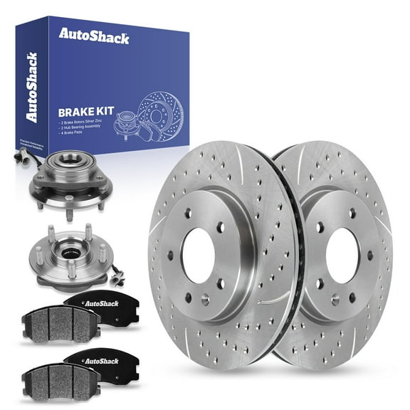 AutoShack Front Drilled Slotted Brake Rotors Ceramic Brake Pads Wheel Bearing Hub Assembly | Replacement for Chevrolet Equinox Saturn Vue FWD | Silver Zinc Coated | 8-PC Brake Kit | SilverShield Pro