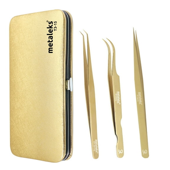 3 Pcs Russian Volume Japanese Stainless Steel Tweezers for Eyelash Extension in Gold Plated with Golden Magnetic Kit