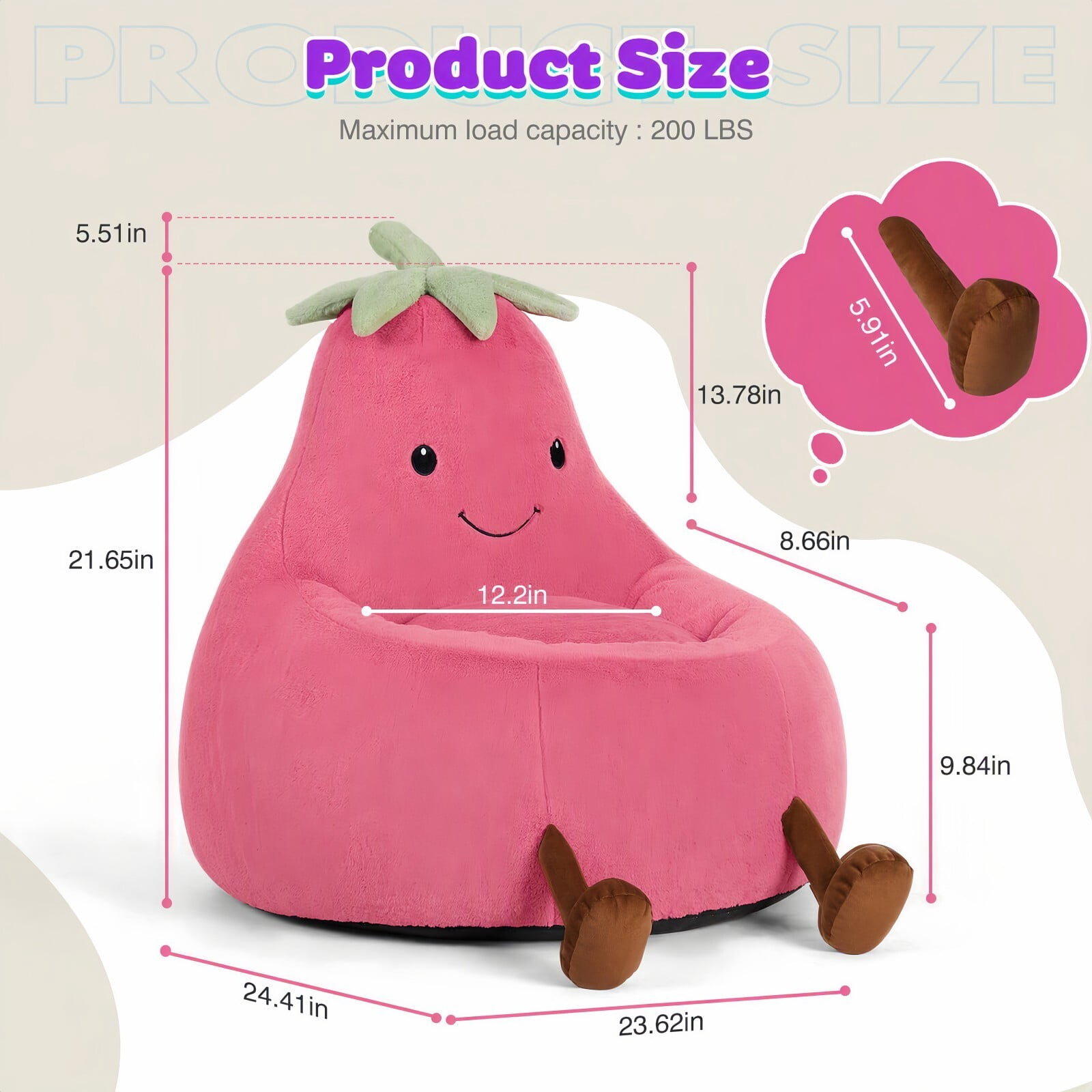 Kelno 24" Kids Bean Bag Chair Faux Rabbit Fur Lazy Chair Toddler Couch, Rose Red
