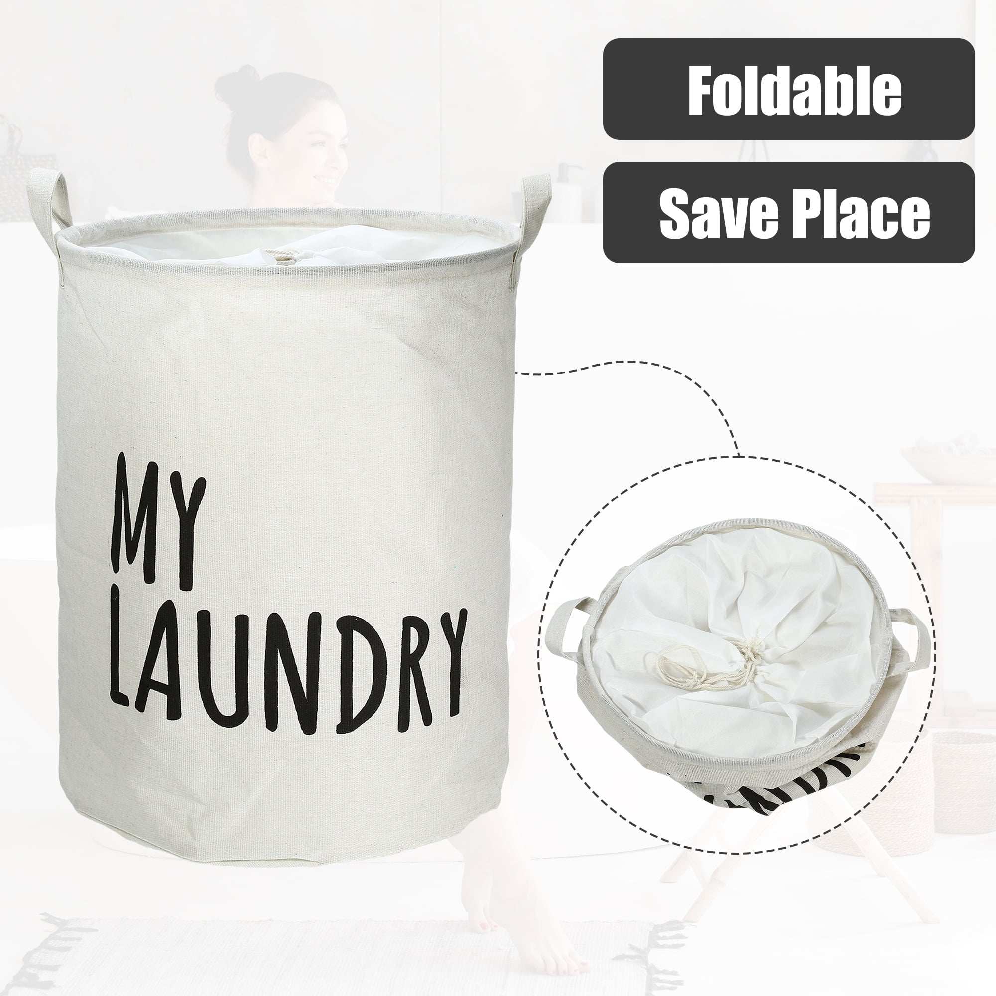 Unique Bargains Foldable Laundry Basket with Handle 1 Pc White-15.75"x19.69"