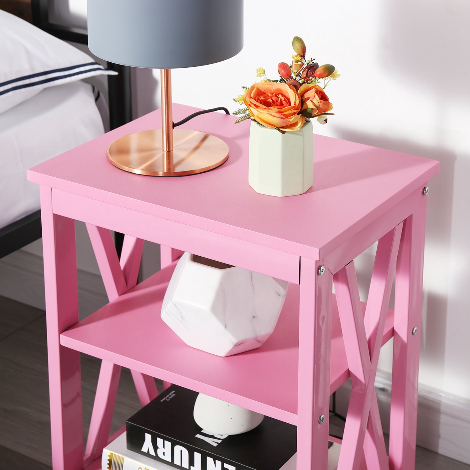 VECELO Set of 2 Nightstand with 3-Tier Shelves, X-Shaped Sofa Side End Table for Bedroom/Living Room/Office, Pink