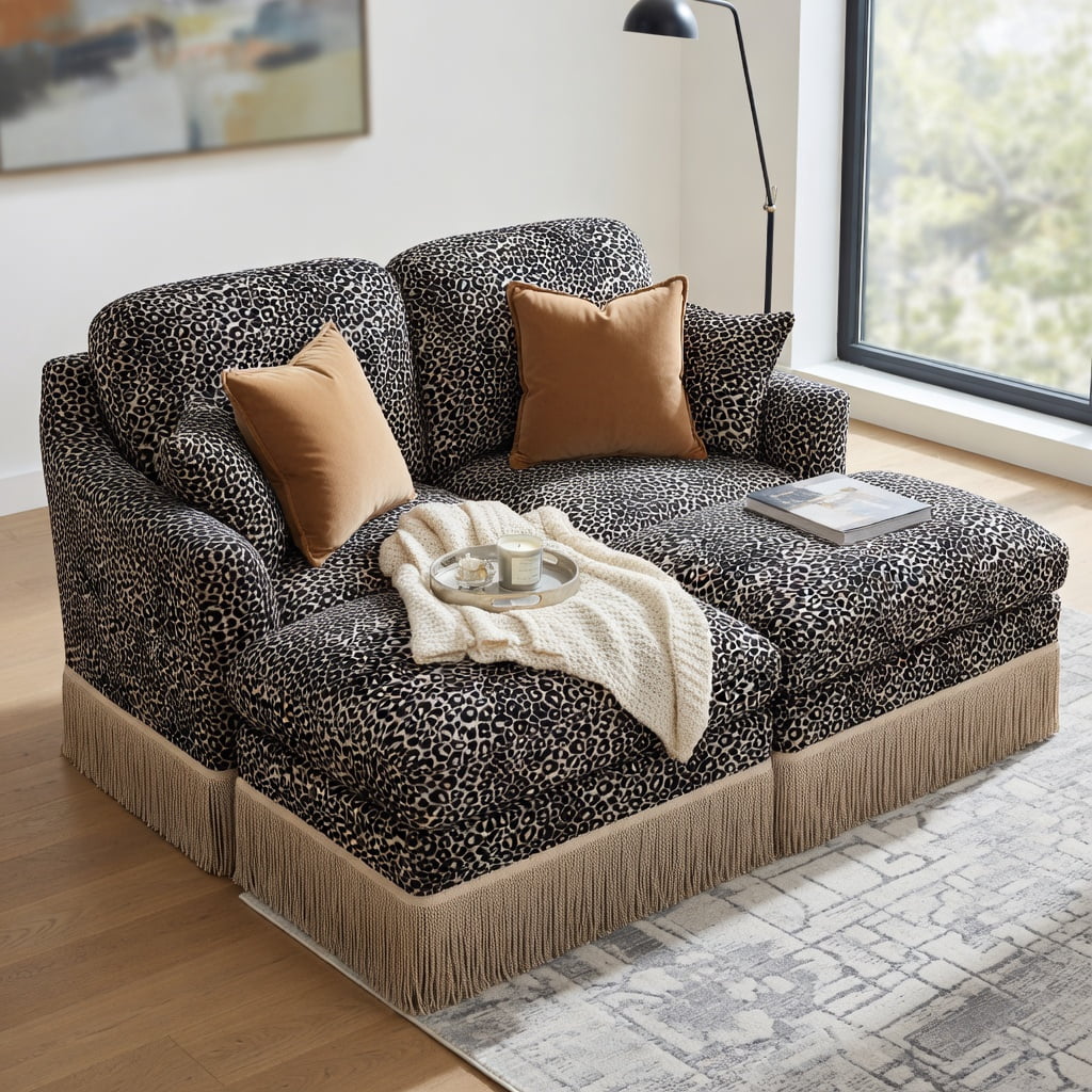 Hommoo Comfy Chenille Leopard Print Loveseat Sofa with Movable Ottoman, Tassel Trim & Ergonomic Deep Seat Design, Modern Living Room Couch Set, khaki