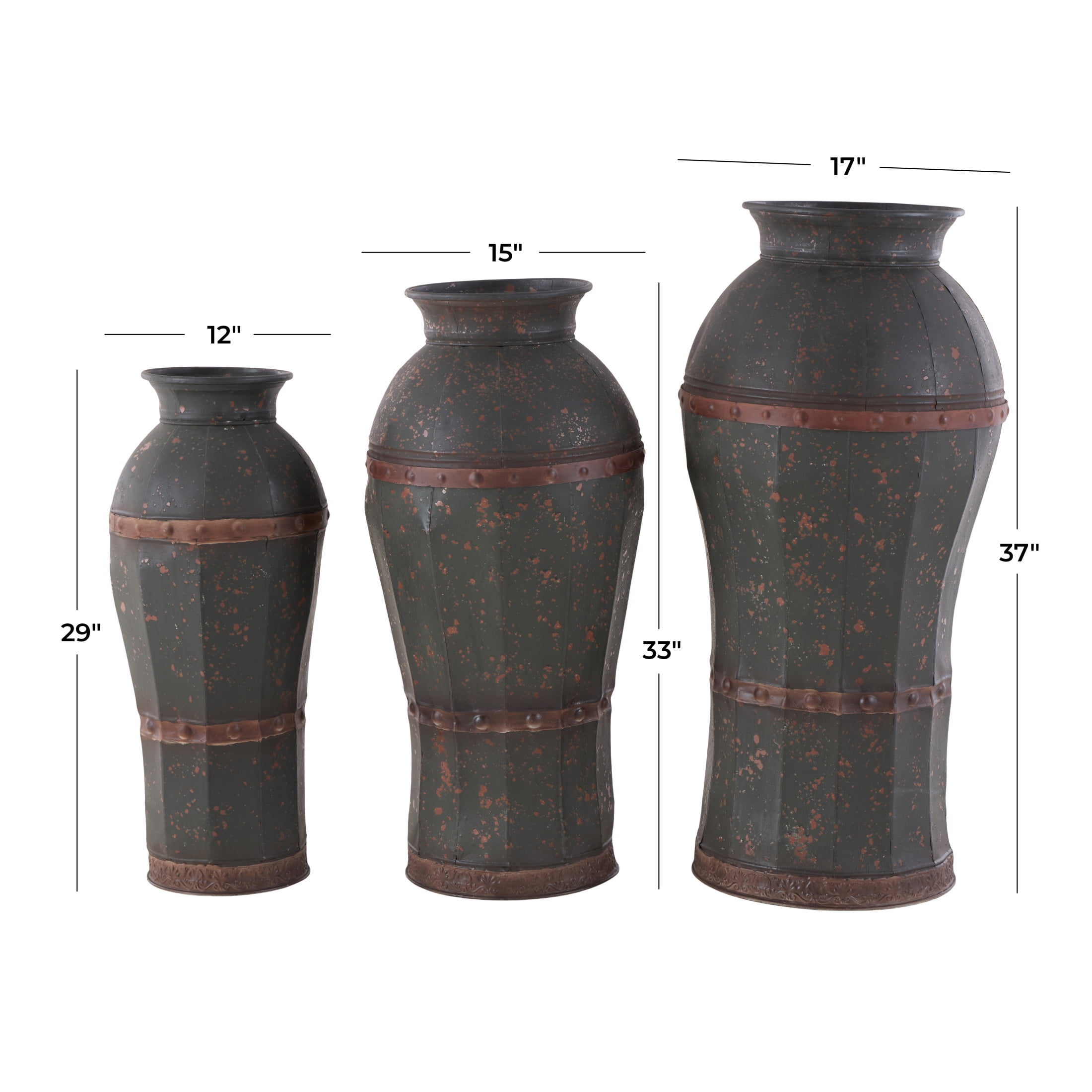 DecMode 37", 33", 29"H Distressed Dark Gray Metal Vase with Rivet Details, Set of 3