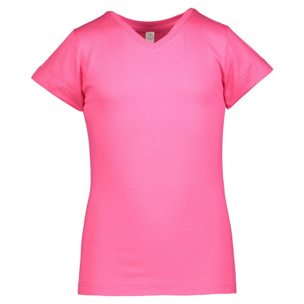 LAT Apparel - Girls' V-Neck Fine Jersey T-Shirt - HOT PINK - XL ...