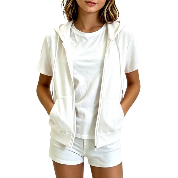 Wlynlyn Short Sleeve Hoodies for Girls Fleece Zip-Up Sweatshirts Kids Casual Comfy Athletic Lightweight Fashion Outwear Jackets(White,15-16 Years)