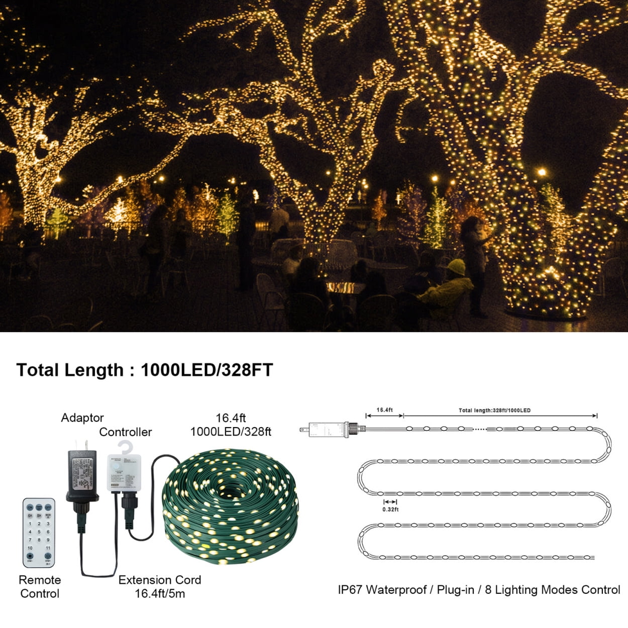 1000 LED Christmas String Lights with Remote Control, 328Ft Christmas Rope Lights with 8 Lighting Modes and Timer Function, Outdoor Xmas Lights for Holiday Wedding Party DIY Garden Decor, Warm White