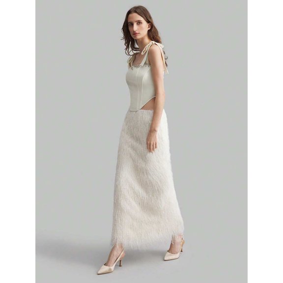 White Textured Feather Fringe Maxi Skirt For Evening Party Wedding Guest