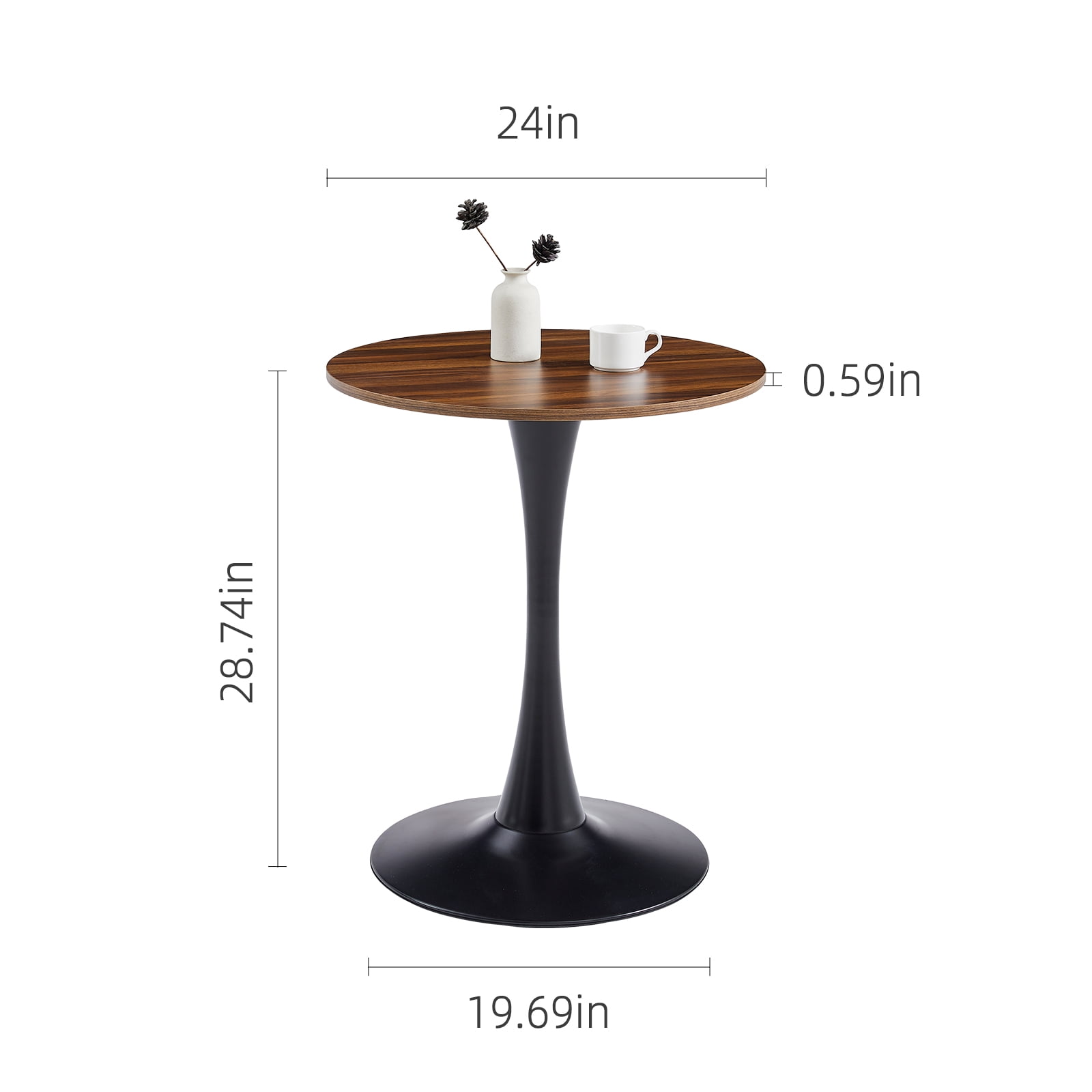Round Dining Table 24 Inch with Tulip Pedestal Base, Modern Bistro Table and Kitchen Table for Small Spaces, Dark Wood Grain