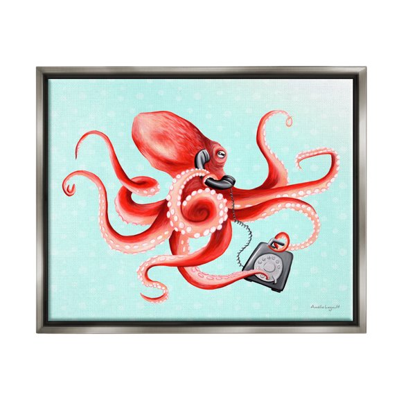 Stupell Industries Red Ombre Octopus Tentacles Retro Rotary Phone Graphic Art Luster Gray Floating Framed Canvas Print Wall Art, Design by Amelie Legault