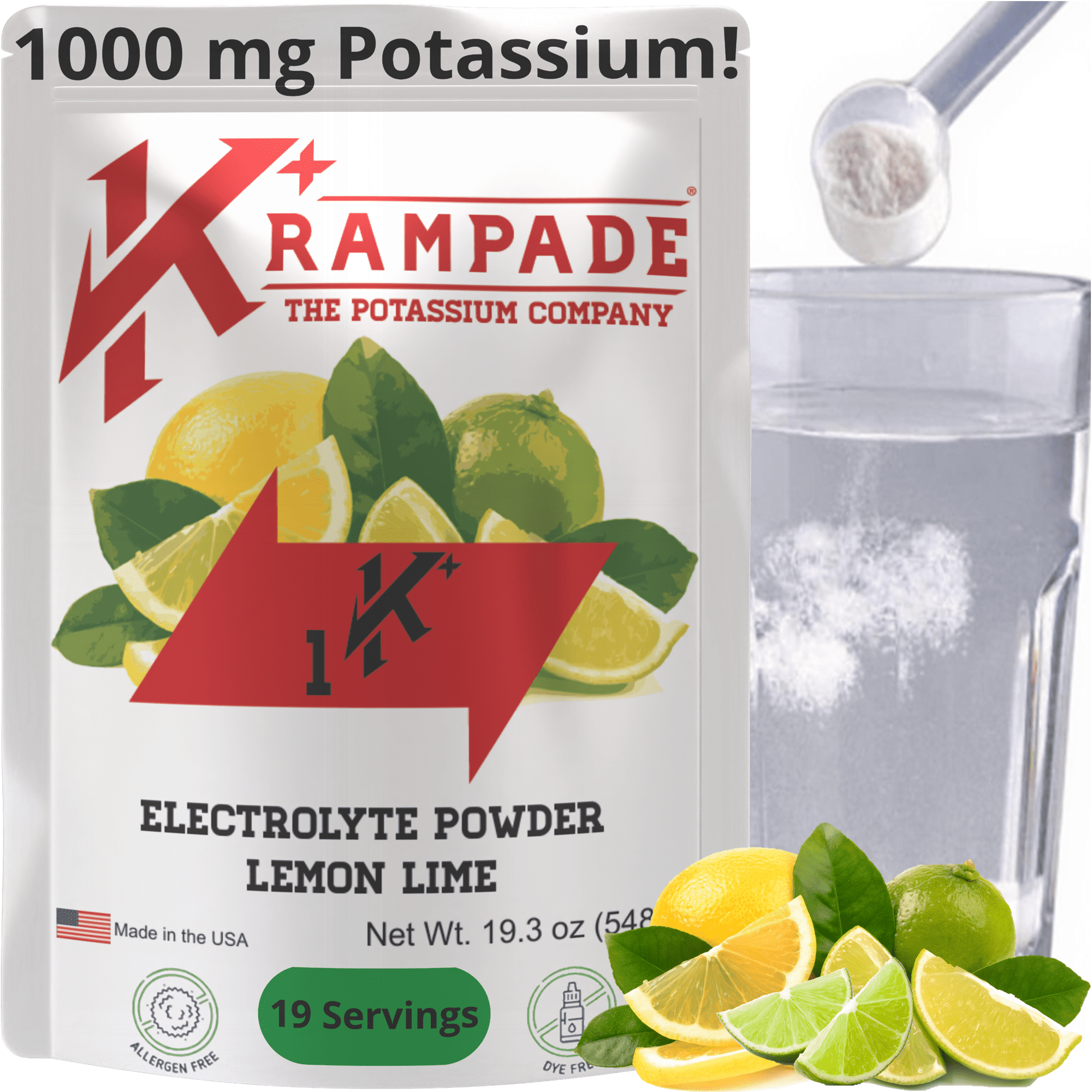 Krampade Electrolyte Powder Potassium Supplement - 1000 mg K+, More Than Coconut Water | Cramp Relief and Prevention | Hydration Powder | Lemon Lime | 19-Serving Resealable Pouch
