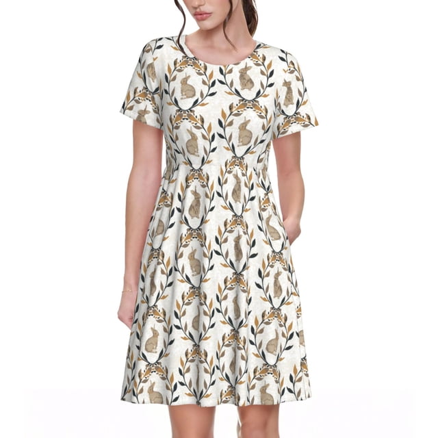 Bixox Robe d'Été à Manches Courtes pour Femmes Robe Ample Longueur Genou avec Poches-Lapin Rétro