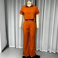 thumbnail image 5 of Wefads Two Piece Set Women Summer Casual Solid Lapel Single Breasted Button Short Sleeve Top With Belt Wide Legs Pants Set, 5 of 5