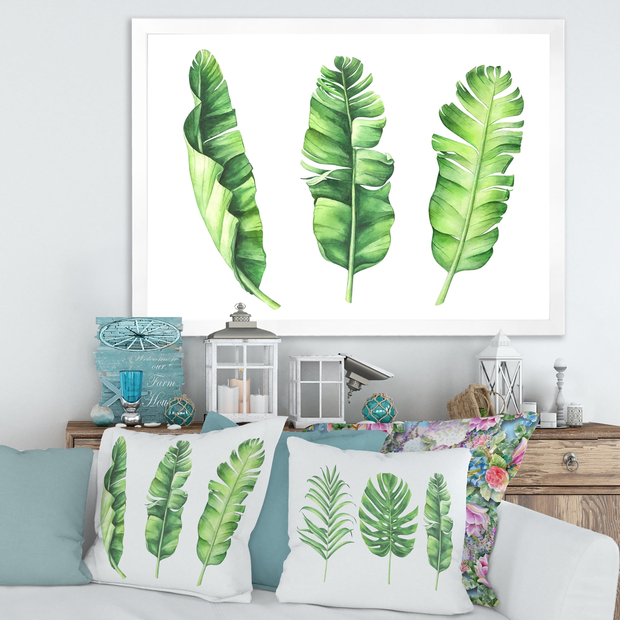 Designart 'Tropical Banana Leaves Set On White' Farmhouse Framed Art Print