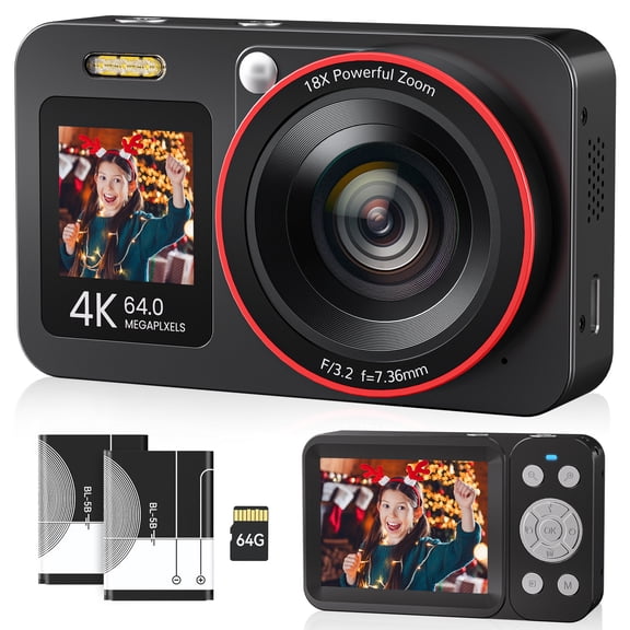Deatti Digital Camera,FHD 4K Camera with Dual Screen 64GB SD Card ,Digital Point and Shoot Camera,18X Zoom,Anti Shake Portable Rechargeable for Boys Girls Kids, Black