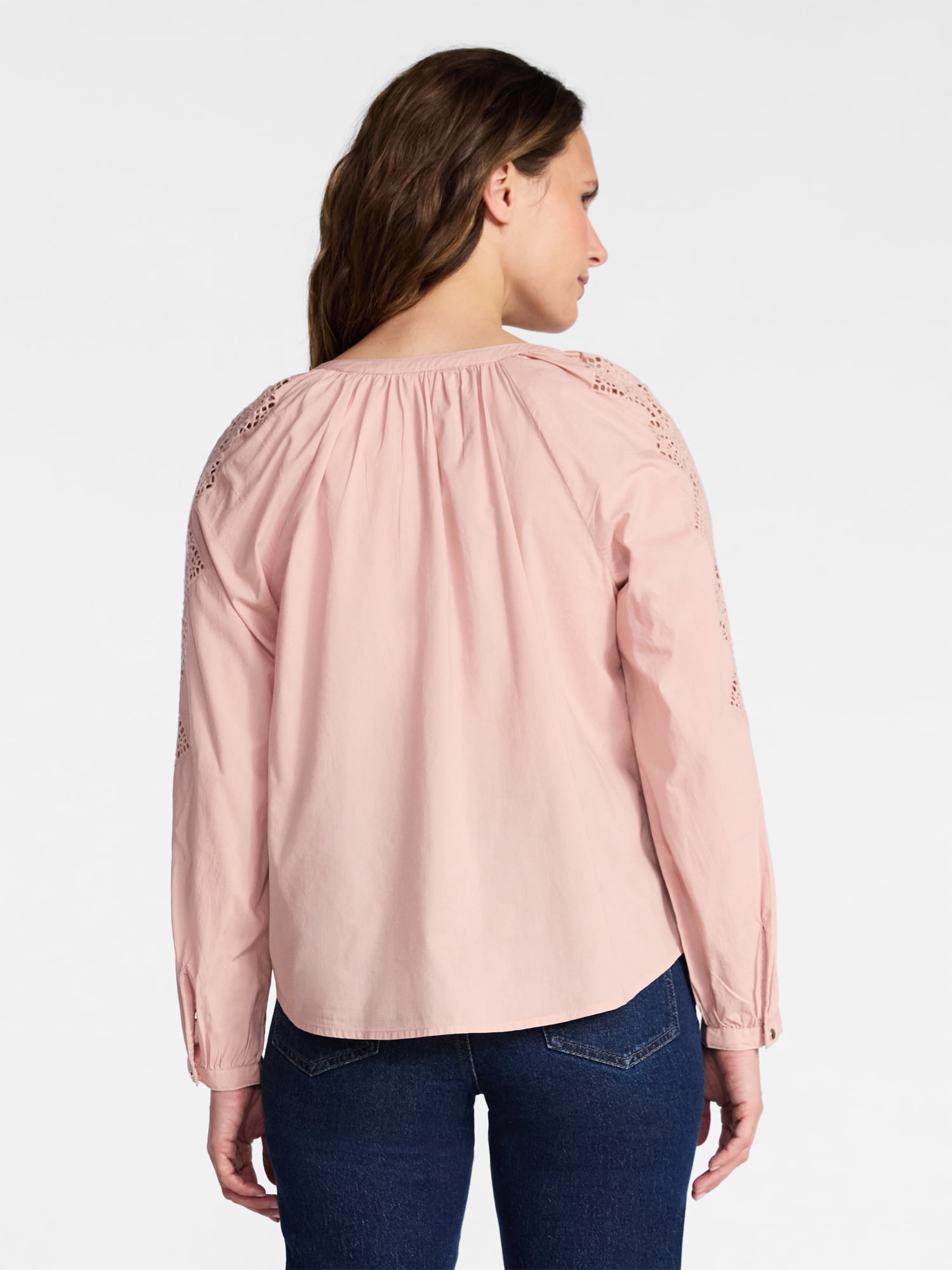 Time and Tru Women's Eyelet Blouse with Long Sleeves, Sizes XS-XXXL