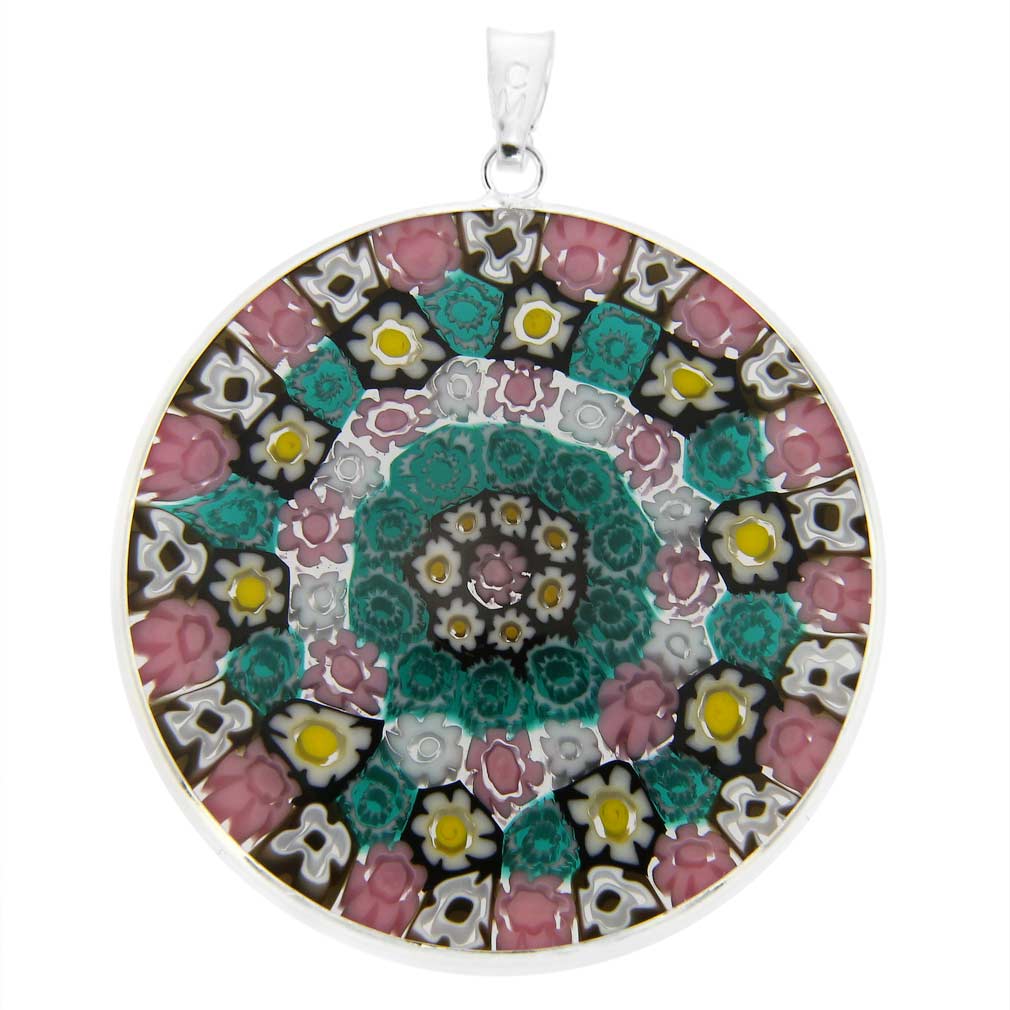 GlassOfVenice Authentic Murano Glass Millefiori Pendant - Sterling Silver Frame, Starry Night