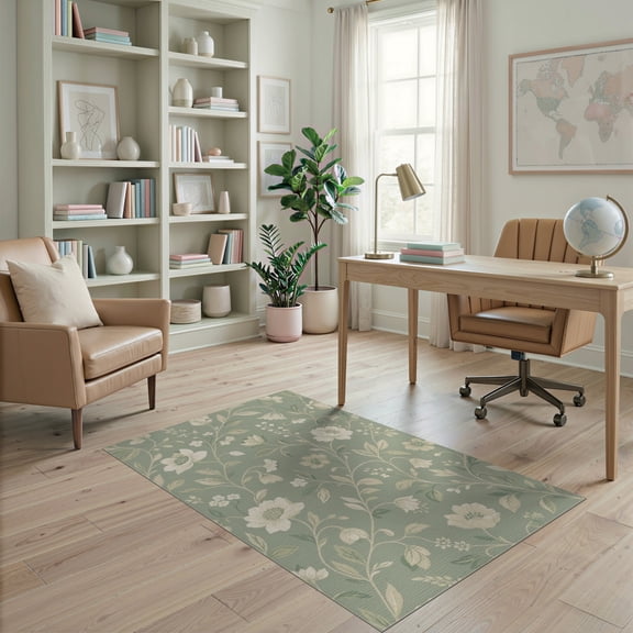 ODIKA 4'x6' Green Sage Floral Elegance with Vintage Washable Area Rug Intricate Botanical Patterns Inspired by Nature for Dorm Room, Small Living Stain Resistant Low Profile, Easy Care