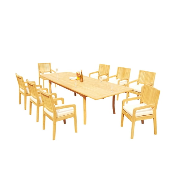 Grade-A Teak Dining Set: 8 Seater 9 Pc: 118" Rectangle Table And 8 Maldives Arm Chairs Outdoor Patio WholesaleTeak #51ML2409