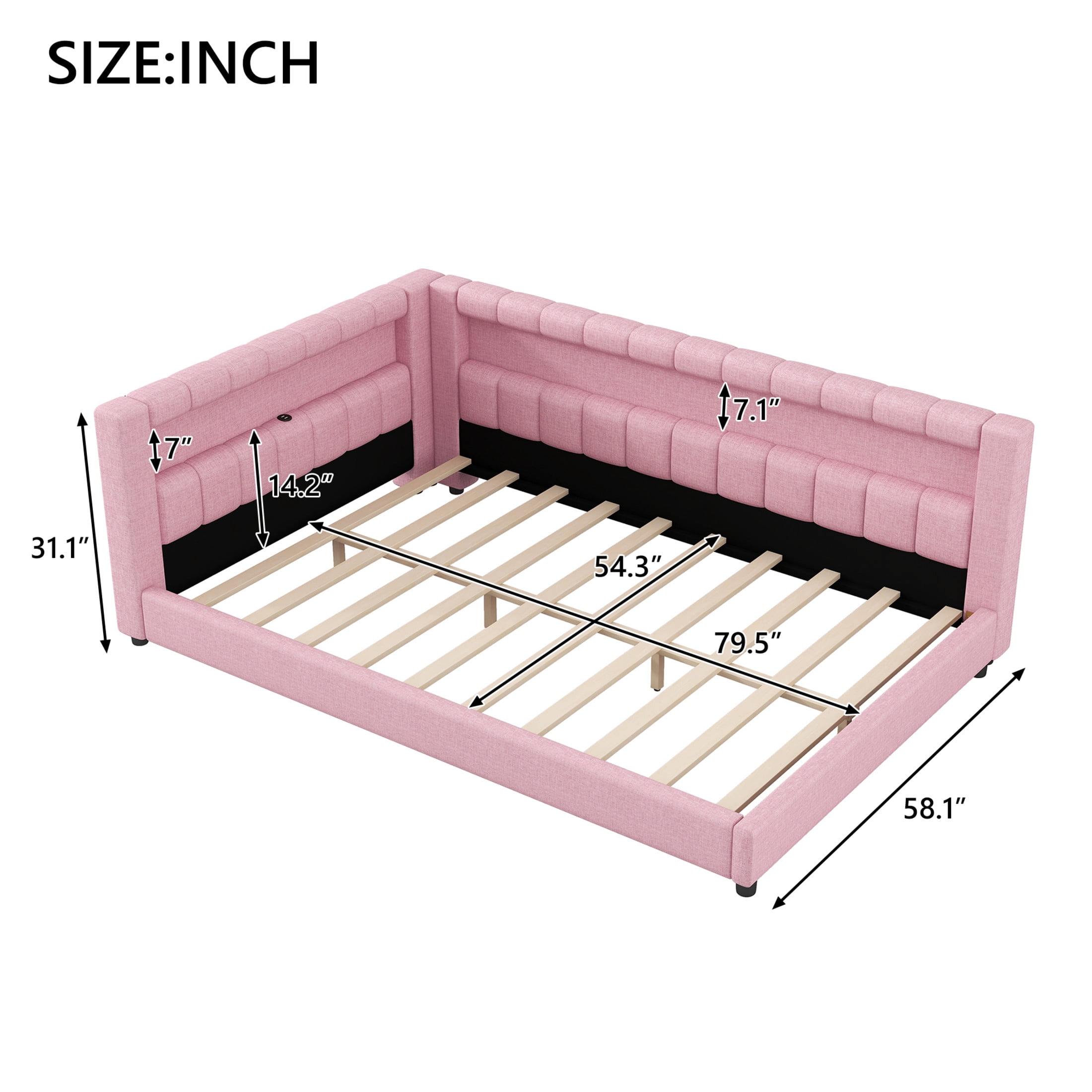 Noble House Dexter Full XL Linen Upholstered Platform Bed with LED Light Belt and USB Ports, Wood Frame, Pink