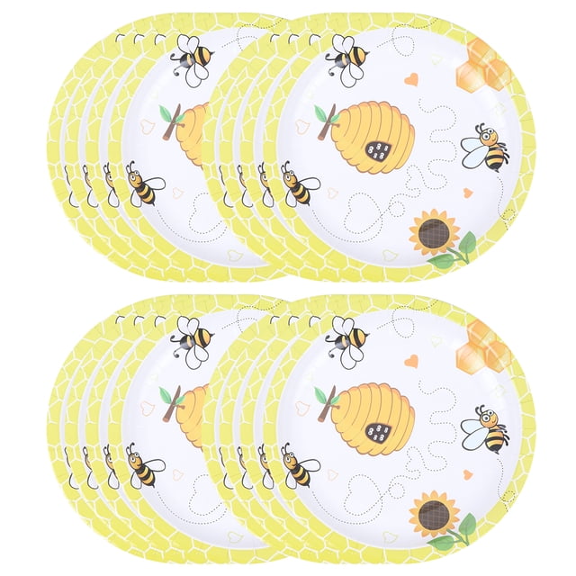 MasteelfCA 16pcs 7 Inches Disposable Cake Plates Bee Theme Party Paper Dishes Bee Printing Tableware for Birthday Party Carnival