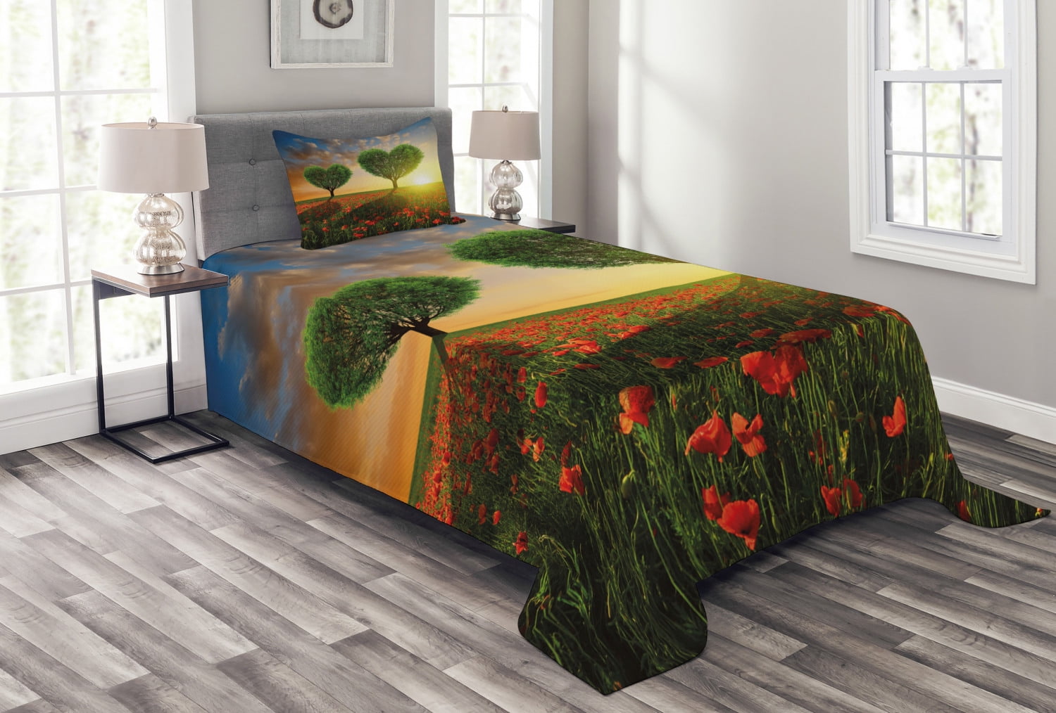 Valentine's Day Bedspread Set Twin Size, Poppy Field Heart Shaped Trees Sunset Cloudy Sky Rural