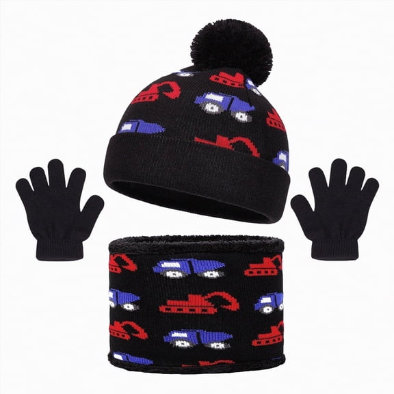 CAICJ98 Kids Winter Beanie Hat Scarf Gloves Set Knit Warm Toddler Winter Cap Gloves Neck Warmer for Boys Girls 2-8 Years,Black