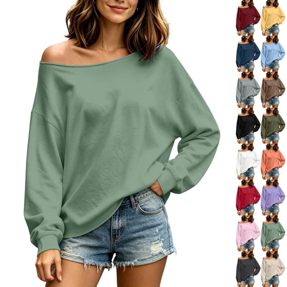 QINGFSAP Womens Off Shoulder Sweatshirt Long Sleeve Loose Fit Casual Pullover Tops Fall Winter