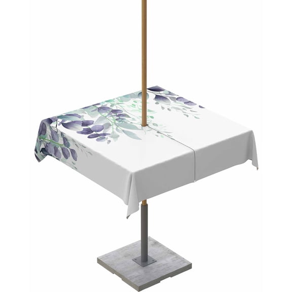 Fsddascl Teal Purple Botanical Outdoor Tablecloth - 54x54 Inch Square Dining Table Cover, Eucalyptus Leaves Watercolor Spring Waterproof Outdoor Table Cloth with Umbrella Hole & Zipper for Patio