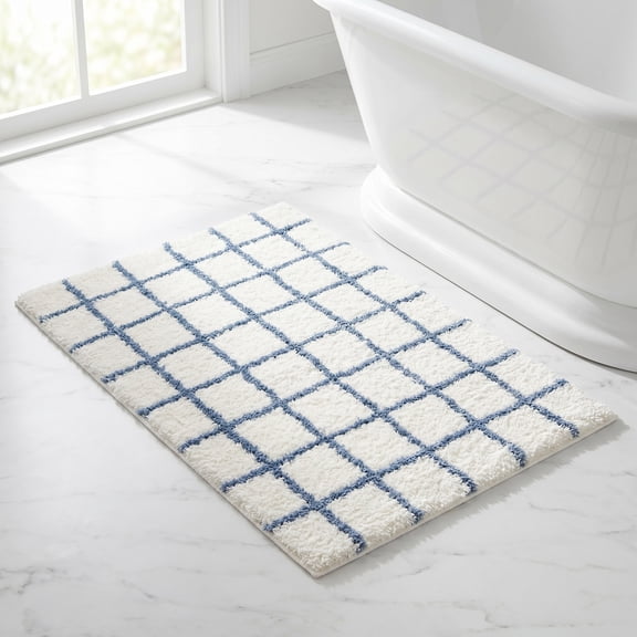 REGALWOVEN Checkered Non Slip Bath Mats, Soft Fluffy Absorbent Bathroom Rugs for Shower, Sink Blue-1 16" x 24"