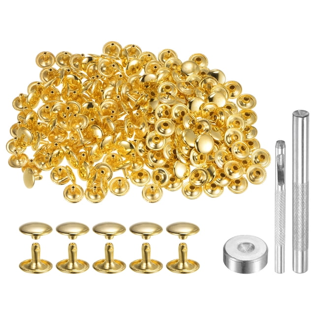 Unique Bargains 100 Sets Leather Rivets 10 x 12mm Metal with 3 Setter Tools, Gold Tone