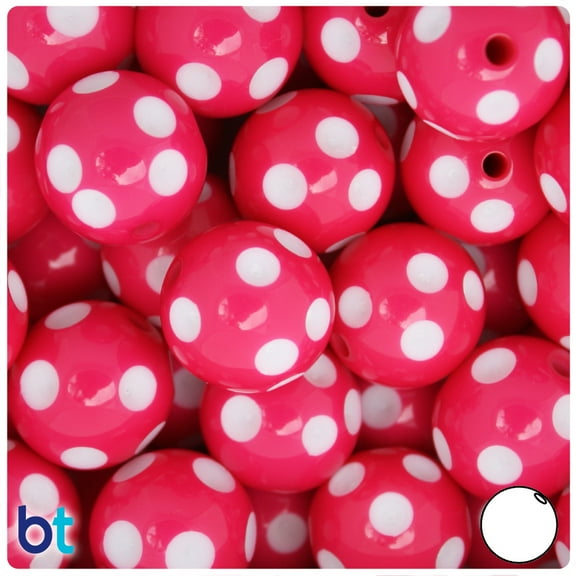 BeadTin Dark Pink & White Polka Dot Opaque 20mm Round Plastic Beads (10pcs)