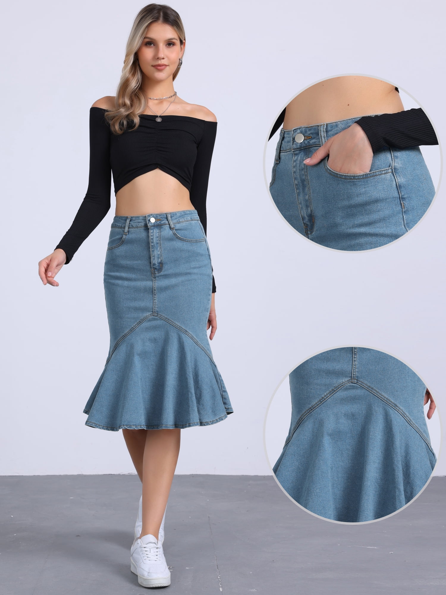DARING DIVA Women's Casual  Denim Jean Bodycon Ruffles Fishtail Skirts S Light Blue