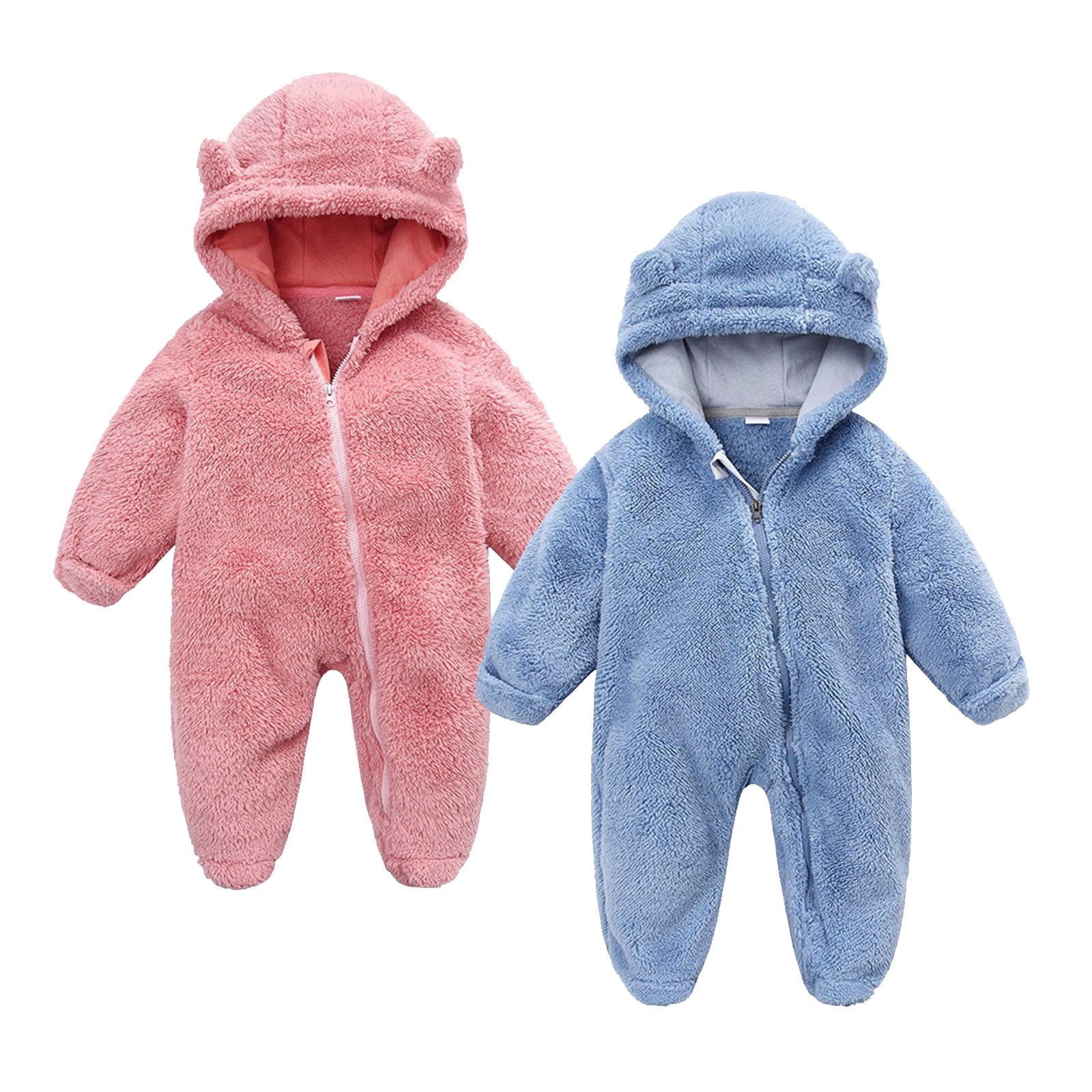 Riecok Baby Boy Girls Winter Warm Rompers Fleece Thick Jumpsuit Cute Bear Ears Hooded Solid Footed Sleepers Infant Onesies Blue 6 Months