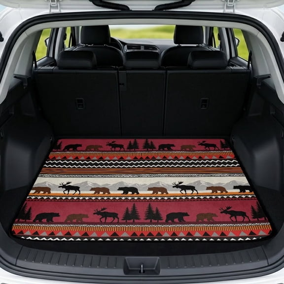 COEQINE Universal Car Trunk Mat All Weather Cargo Liner Floor Mat with Non-Slip Backing Scratch-proof Pet Cargo Mat Suitable for Most Car Models, Rustic Moose Bear Tribal Red