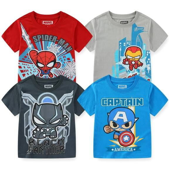 Marvel Avengers Iron Man Spider-Man Captain America Black Panther Short Sleeve T-Shirt (Boys), 4 Pack, Sizes 3T-7