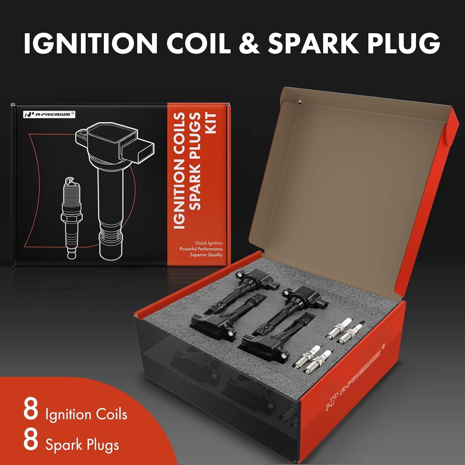 A-Premium Set of 8 Ignition Coil Pack and Iridium Spark Plugs Compatible with Infiniti M45 2003-2004 2006-2010, FX45 2003-2008, Q45 2002-2006, 4.5L, Replace# 22448AR215, NGK4469