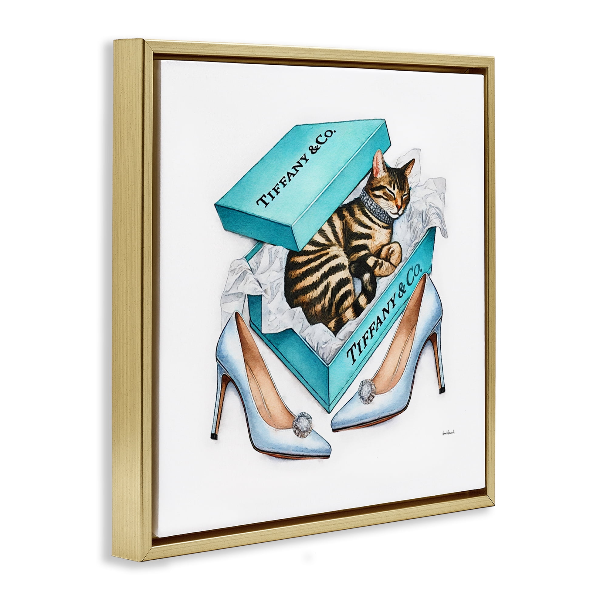 Stupell Industries Blue Shoebox with Kitty Animals Painting Gold Floater Framed Canvas Art Print Wall Art, 25 x 25