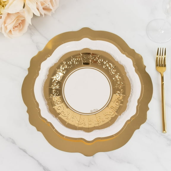 Balsa Circle 75 White Gold Round Disposable Paper Plates with Embossed Scalloped Rim Wedding Reception Events Party