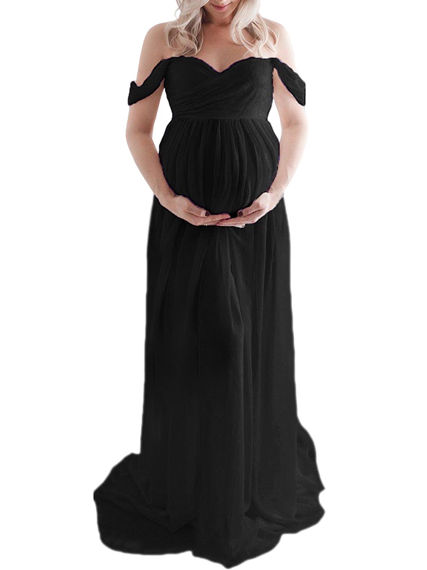 ACSUSS Maternity Dress for Photography Off Shoulder Chiffon Split Gown Maternity Dress for Photoshoot Baby Shower 