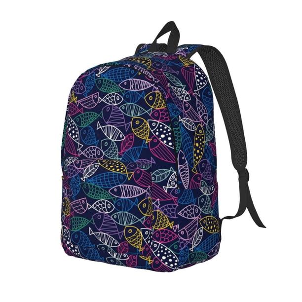 Balery Cute Line Fish Mochila Clásica Impresa Básica para Viaje, Mochila Escolar Resistente al Agua, Mochila de Lona con Correas Ajustables-Small