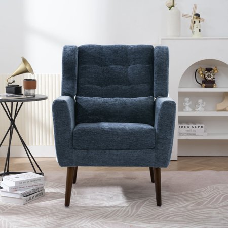 Upholstered Modern Accent Chair  5.51 Inch Thickness Cushion Seat Chenille Armchair Single Sofa Chair with Pillow and Wooden Legs  Relaxing and Reading Lounge for L iving Room  (Dark Blue)