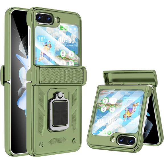 Galaxy Z Flip 5 Case with Hinge Protection Back Screen Protector Shockproof Z Flip 5 Case Ring Kickstand for Samsung Flip Z 5G Case - Green