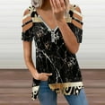 thumbnail image 2 of Black Gold Marble Pattern Womens Summer V Neck Zipper Top Short Sleeve T Shirt Off Shoulder Top Casual Classy Loose Shirts, 2 of 7