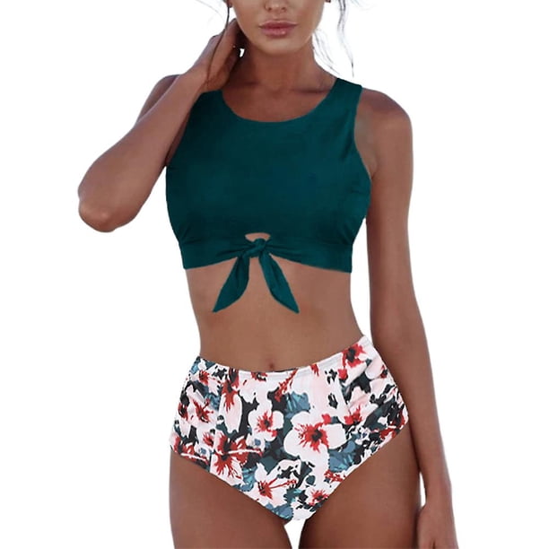 Traje de baño para mujer, conjunto de Bikini acolchado, camisetas sin mangas con nudo, bragas de cintura alta, traje de baño, ropa de playa, traje de baño