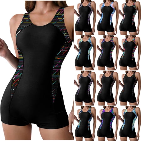QIUOMBBP Womens Boyleg Swimsuit Tummy Control One Piece Bathing Suit with Built in Bra Modest Beach Vacation Swimwear Black S