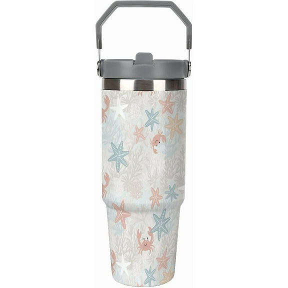 30 Oz Insulated Tumblers with Flip Straw Lid Top Handle Striped Bows Pink Leakproof Reusable Vacuum Stainless Steel Travel Coffee Mug for Car