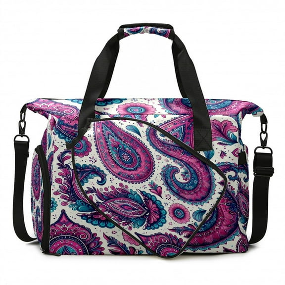 Large Gym Bag with Shoe Compartment, Water-Resistant Duffle Bag for Men and Women, Purple Pink Paisley Sports Tote for Workout Travel